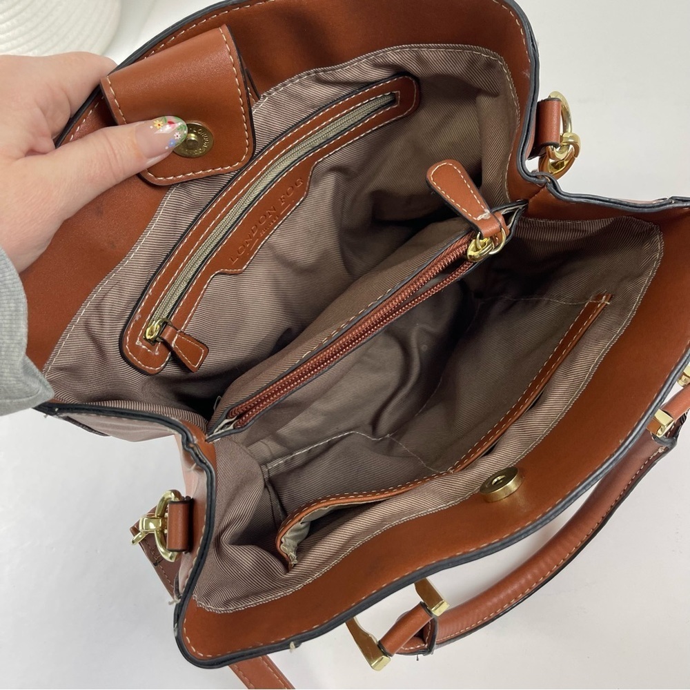 London Fog Satchel Tan Cognac Color Crossbody Multiple Pockets Sections - Picture 8 of 14